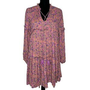 Celina Moon Shift Dress Pink Ditsy Floral Tiered Tassels Boho Size S